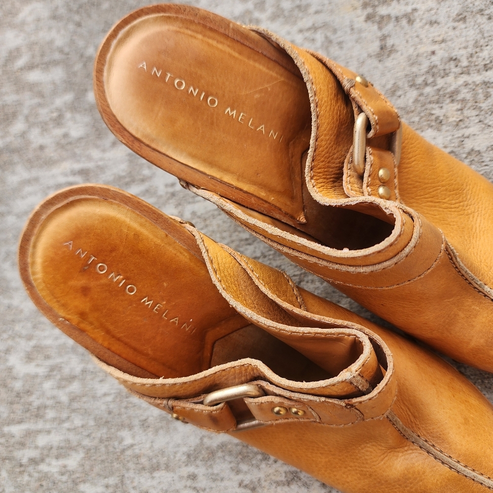 ANTONIO MELANI Tan Leather Studded Heeled Mules - Picture 7 of 8